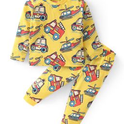 Babyhug Cotton Knit Full Sleeves Night Suit With Vehicles Print - Yellow-image-62
