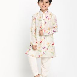 Vastramay Full Sleeves Floral Printed Kurta With Solid Pyjama Set - Cream-image-56