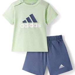 Adidas Kids 100% Cotton Knit Half Sleeves T-Shirt & Shorts Set with Logo Print - Green & Blue-image-95