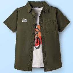 Pine Kids Viscose Woven Half Sleeves Shirt With T-Shirt Bicycle Print - Green-image-31
