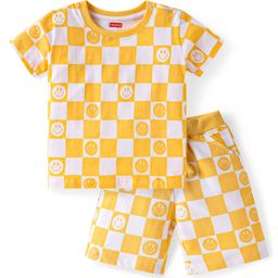 Babyhug Single Jersey Knit Half Sleeves Co-ords Checkered T-Shirt & Shorts Set with Smiley Print - Yellow-image-96