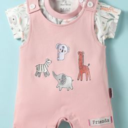 Child World Interlock Knit Half Sleeves Animal Embroidered & Printed Dungaree Style Romper with Half Sleeves Inner T-Shirt - Pink-image-93
