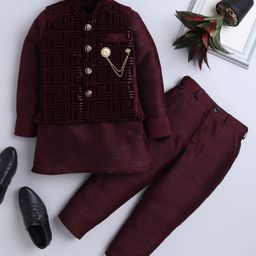 Ahhaaaa Velvet Full Sleeves Solid Kurta & Pant With Sequin Embellished Jacket Set - Wine-image-87