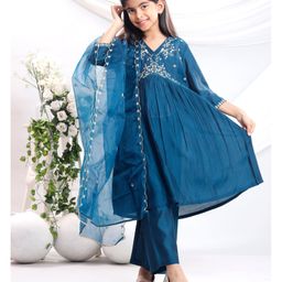 misbis Silk Blend Three Fourth Sleeves Floral Embroidered & Sequins Embellished Kurta Palazzo With Dupatta Set - Dark Blue-image-67