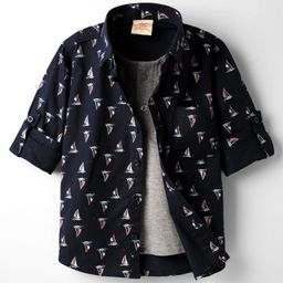 Rikidoos Full Sleeves Boat Printed Shirt With Attached Tee - Navy Blue & Melange-image-19