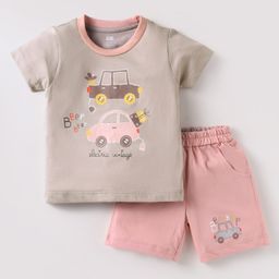 Pink Rabbit Single Jersey Knit Half Sleeves T-Shirt & Shorts Set With Car Print - Light Grey-image-103