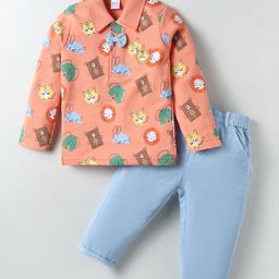 WOW Clothes Looper Knit Full Sleeves Polo T-Shirt & Trouser Set With Animal Print - Peach-image-38