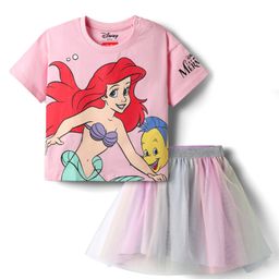 Babyhug Disney Single Jersey Knit Half Drop Shoulder Sleeves Top & Skirt Set With Disney Princess Graphics - Pink-image-72