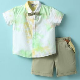 ToffyHouse Poplin Woven Half Sleeves Tie & Dye Printed Shirt & Shorts With Bow & Suspender - White & Olive Green-image-34