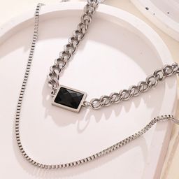 French Accent Men Silver-Plated Artificial Stones Studded Multi-Layer Minimal Chain-image-48