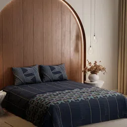 Stoa Paris Lumiere 240 TC Navy Satin Blue King Bedsheet with 2 Pillow Covers-image-28