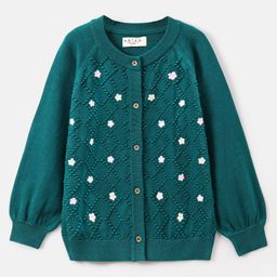 arias by lara dutta Arias Consciously Sourced Cotton Floral Jacquard Front Button Open Sweater with Buttons - Green image 4