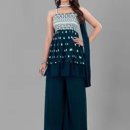 PARROT CREATION Floral Embroidered Sequinned Square Neck Kurti with Sharara & Dupatta-11