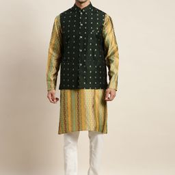 SOJANYA Men Mustard Yellow Woven Design Kurta with Pyjamas With Nehru Jacket-1
