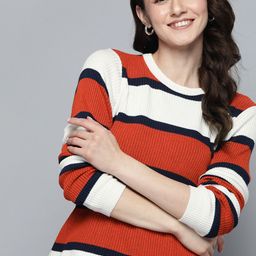 Mast & Harbour Women Off White & Rust Orange Striped Acrylic Pullover-image-70
