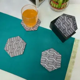 Crayton Hexagon Black & White MDF Coaster with Holder - Set of 6-1