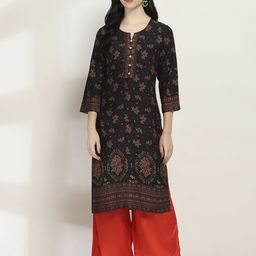 Rangriti Floral Printed Notch Neck Cotton Straight Kurta-51