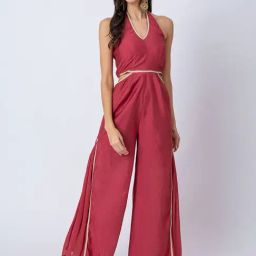 Moomaya Red Silk Regular Fit Jumpsuit-image-66