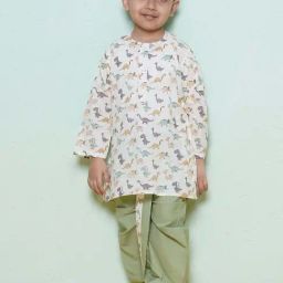 AJ Dezines Kids White & Pista Green Cotton Printed Full Sleeves Kurta Set-picture-27