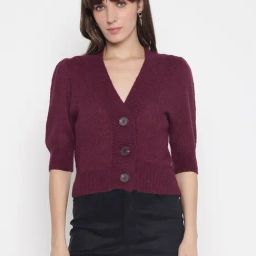 Guess Wine Solid V-Neck Cardigan-picture-30