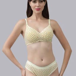 AROUSY Yellow Cotton Printed Bra Panty Set-image-89