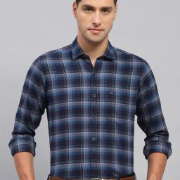 Monte Carlo Navy Blue Cotton Regular Fit Checks Shirt-image-15