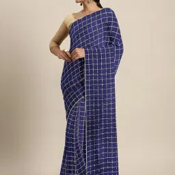 LADUSAA Navy Chequered Saree With Unstitched Blouse-picture-2