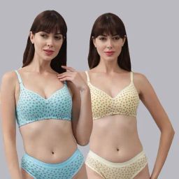 AROUSY Blue & Yellow Cotton Printed Bra Panty Set - Pack Of 2-image-100