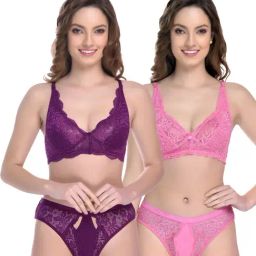 AROUSY Purple & Pink Cotton Self Pattern Bra Panty Set - Pack Of 2-image-92