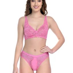 AROUSY Pink Cotton Self Pattern Bra Panty Set-image-25