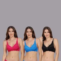 AROUSY Black & Pink Self Pattern Bra Panty Set - Pack Of 3-image-63