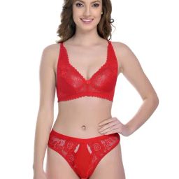 AROUSY Red Cotton Self Pattern Bra Panty Set-image-86