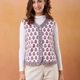 Fabindia White & Pink Cotton Hand Block Printed Jacket-picture-19