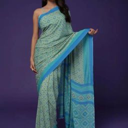 Zari Jaipur Blue Printed Saree With Unstitched Blouse-image-4
