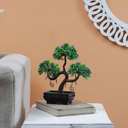 Foliyaj S Shaped Bonsai Tree With Green Leaves and Small Purple Flowers in Brown Pot-56