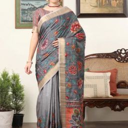 Saree Mall Grey Silk Printed Saree With Unstitched Blouse-image-81