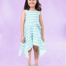 Kiddopanti Girls Green Cotton Regular Fit Printed Dress-image-72