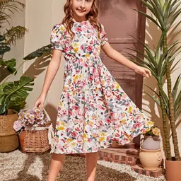 White World Girls Floral Printed Fit And Flare Midi Dress-image-18