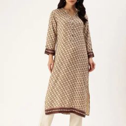 Amukti Beige Rayon Printed Three-Quarter Sleeves Kurta-image-38