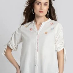 SHAYE White Cotton Embroidered Shirt-image-78