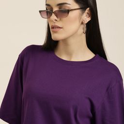 DILLINGER Women Purple Solid Pure Cotton Oversized T-shirt-image-35