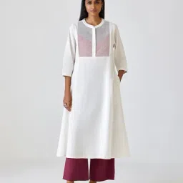 Ancestry White 100% Cotton Embroidery 3/4Th Sleeve Kurta-picture-4