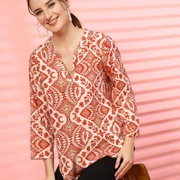 EVERYDAY by ANI Print Mandarin Collar Roll-Up Sleeves Applique Crepe Top-image-91