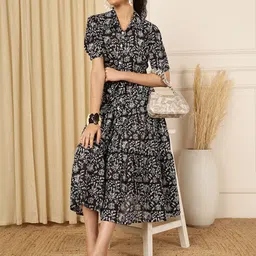 Anouk Women Floral Printed Shirt Collar Fit and Flare Midi Dresses-picture-14