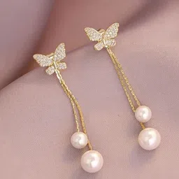 GOLDIWALA Korean Gold-Plated Cubic Zirconia Studded & Artificial Beaded Drop Earrings-picture-5