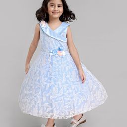Babyhug Sleeveless Party Wear Dress Floral Appliques - Frozen Blue-image-78