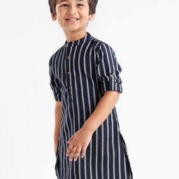 Babyhug 100% Cotton Kurta With Striped Embroidery Detailing - Indigo-image-67