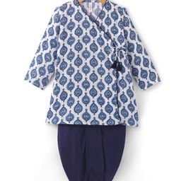 Babyhug 100% Cotton Woven Full Sleeves Kurta With Dhoti Angarakha Print - Navy Blue & White-image-87
