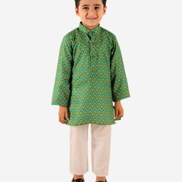 Superminis Pure Cotton Full Sleeves Seamless Moroccan Style Ethnic Motif Printed Kurta With Pyjama- Green-image-63