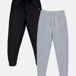 Kiddopanti Pack Of 2 Unisex Solid Track Pants - Jet Black & Grey Melange-image-85
